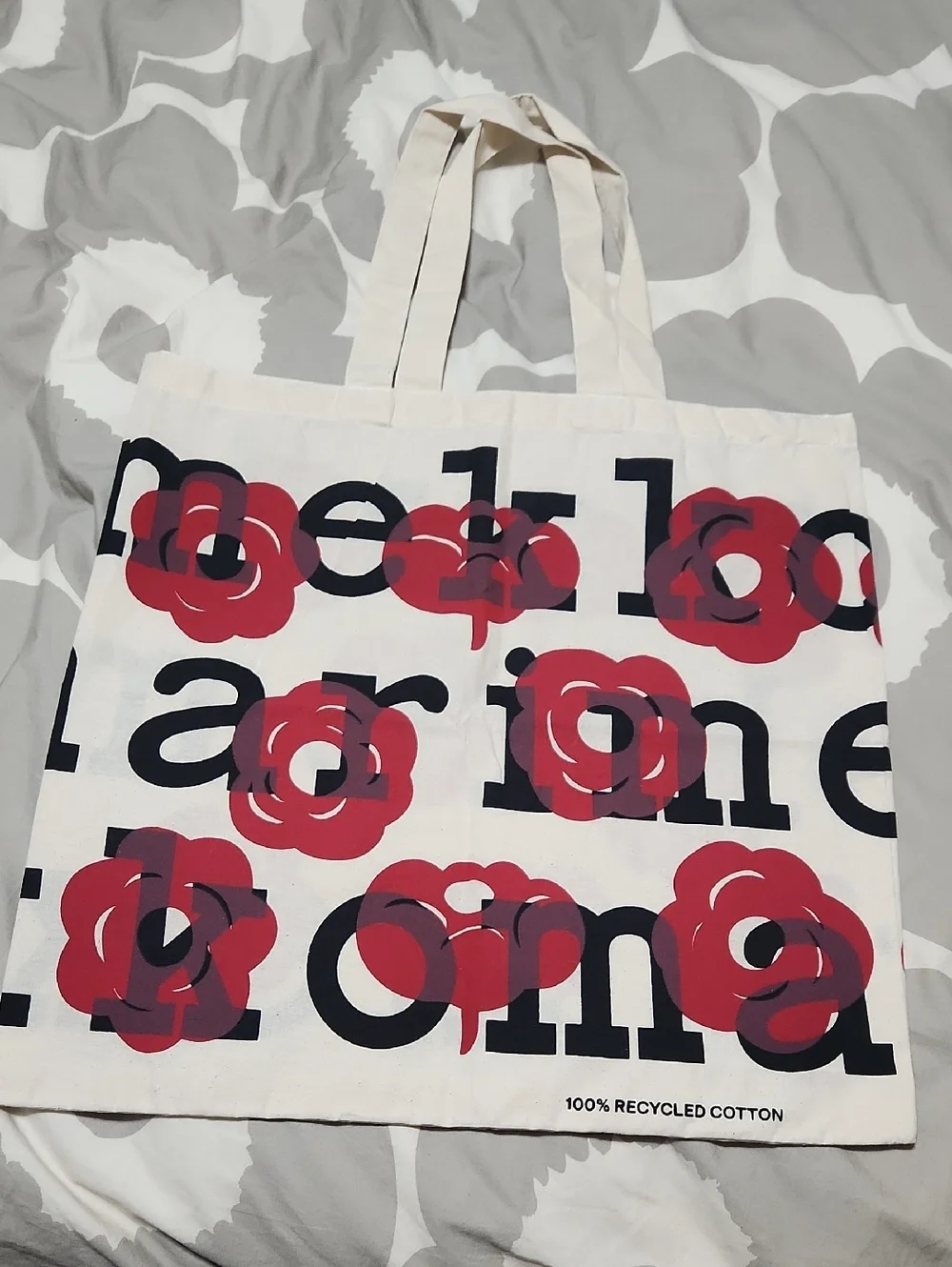 Marimekko Beige Tote With Red Floral Design